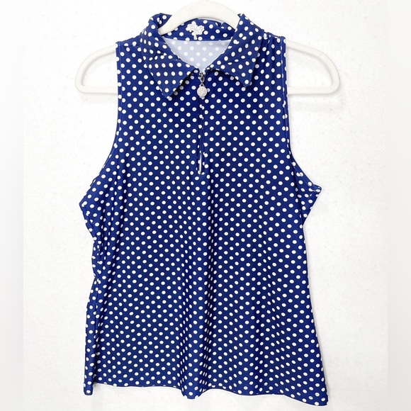 Tzu Tzu Navy Blue White Polka Dot Allied Top Racerback Zip Front Size Large - Picture 1 of 6